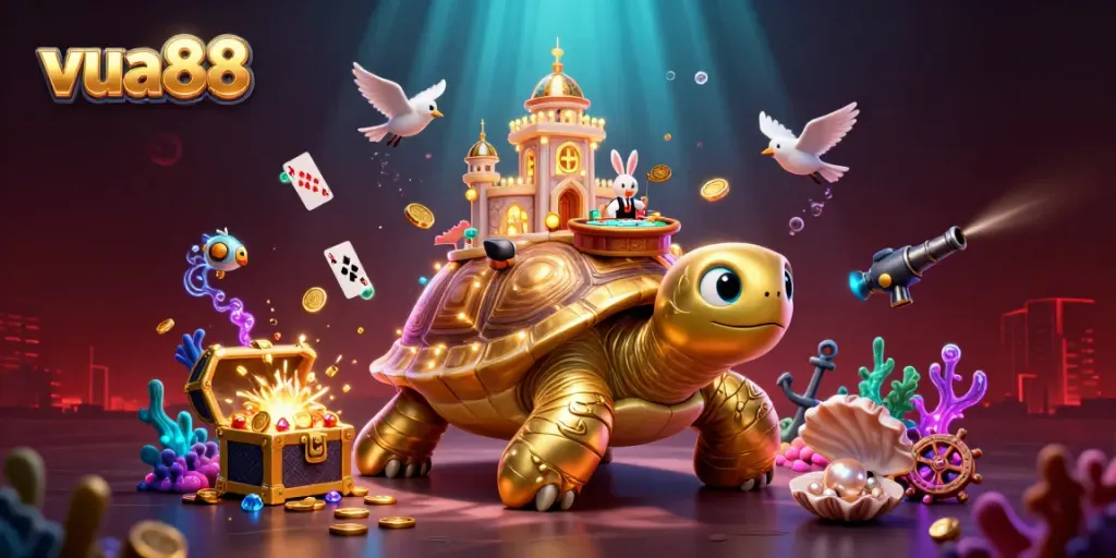 Experience the exciting world of casino gambling with vua88's vibrant 3D scene of a golden tortoise and dynamic characters.