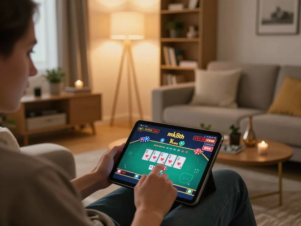 Engaging home gaming scene featuring online gambling session on mk8th platform with cozy atmosphere