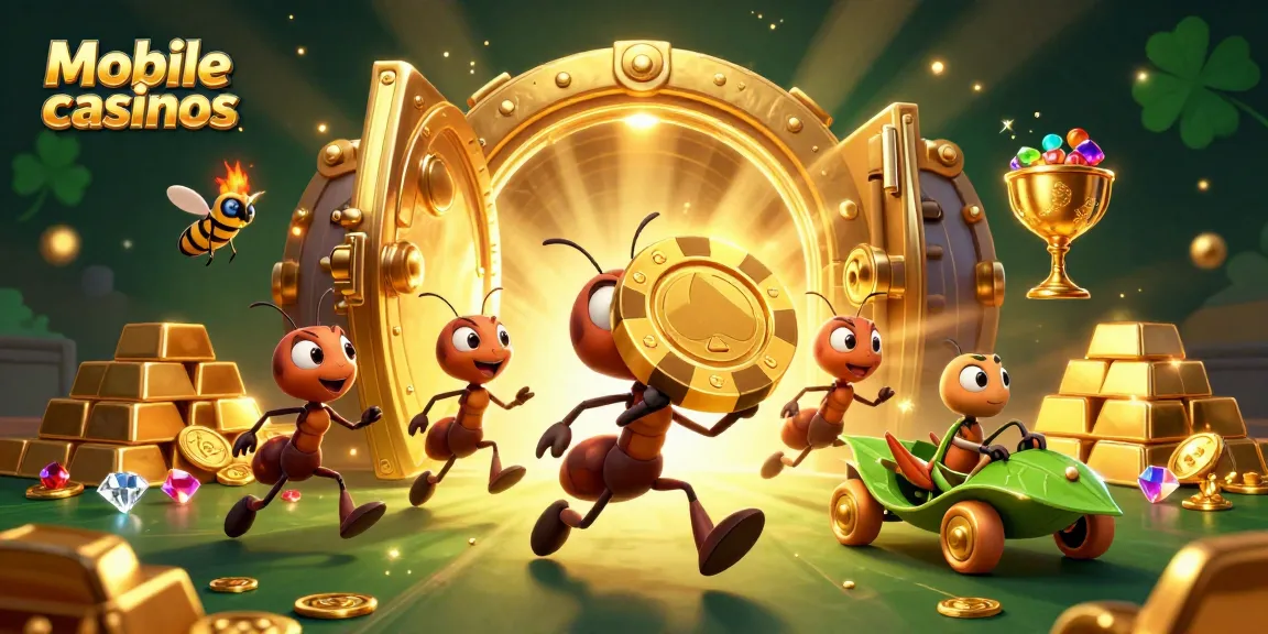 Experience the excitement of mobile casinos with a dynamic heist scene featuring a team of playful ants.