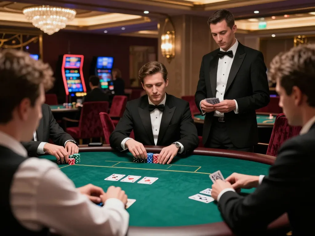 O8 SOCIAL poker players strategizing at a luxurious table in a vibrant casino setting.