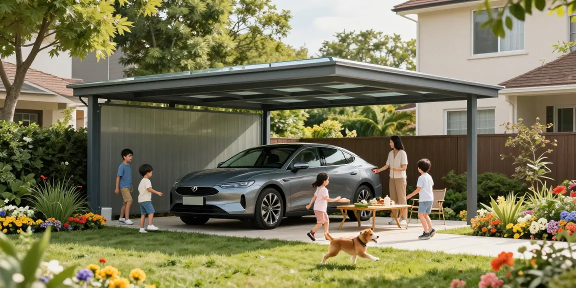 Moderner Carport im Garten mit Familie, die im Freien spielt und entspannt.