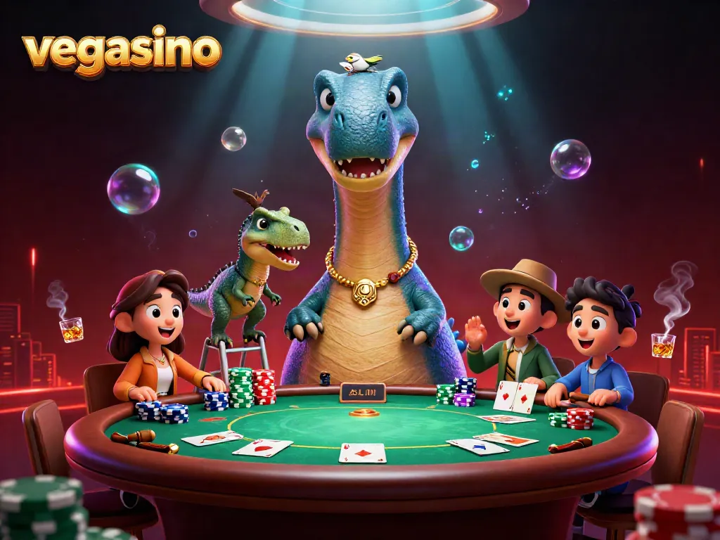 Experience action at Vegasino with a brontosaurus as cards are dealt in this vibrant casino scene.