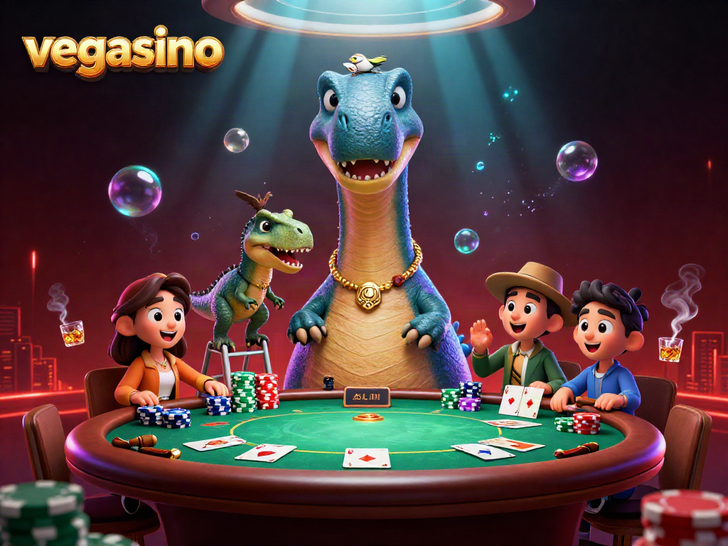 Experience action at Vegasino with a brontosaurus as cards are dealt in this vibrant casino scene.