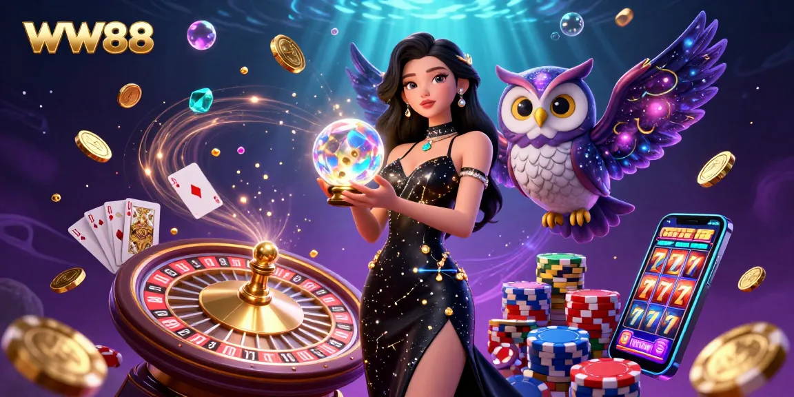 Engage with the WW88 casino experience through a vibrant 3D illustration showcasing thrilling gameplay and magical elements.