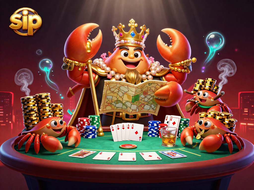 Experience sip through a vibrant poker game scene featuring a crab emperor amidst piles of chips.