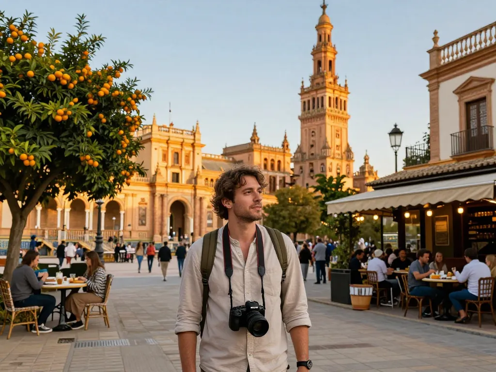 Reisender erlebt Reisetipps Sevilla in lebhaften Straßen mit ikonischen Wahrzeichen und Tapas-Bars.