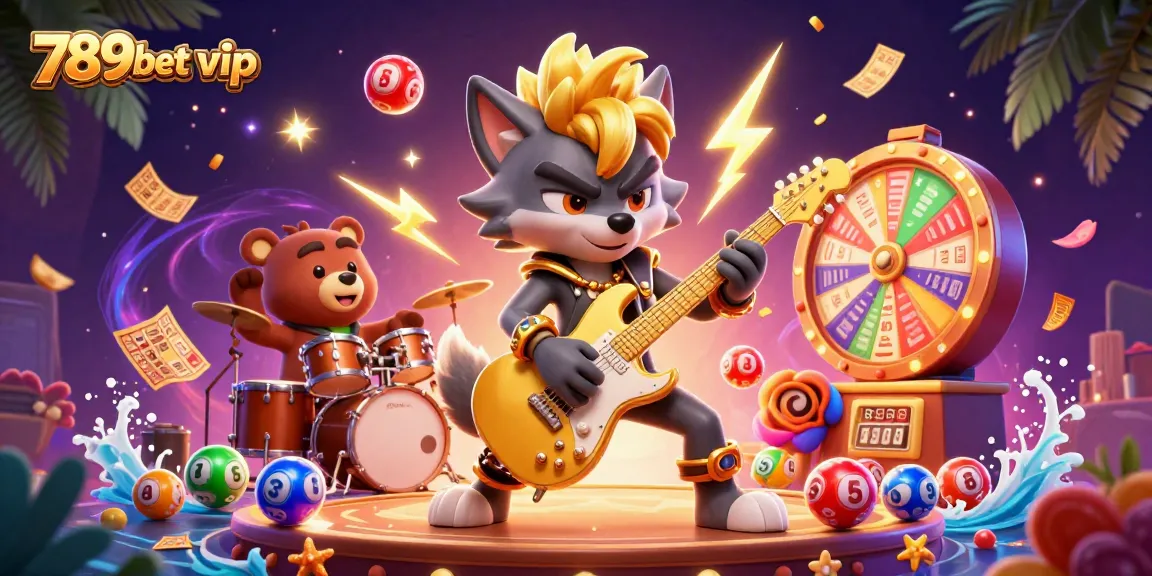 Engage with thrilling action at 789bet vip, featuring a rock star wolf and drummer bear on a vibrant casino stage.