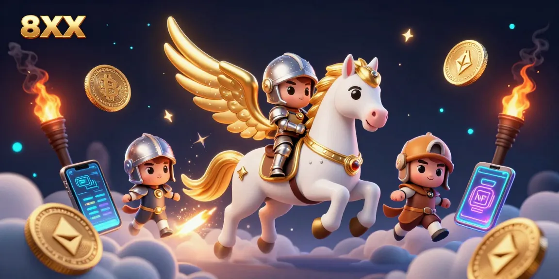 Engage with thrilling 8XX casino adventures amid vibrant 3D visuals showcasing crypto elements.