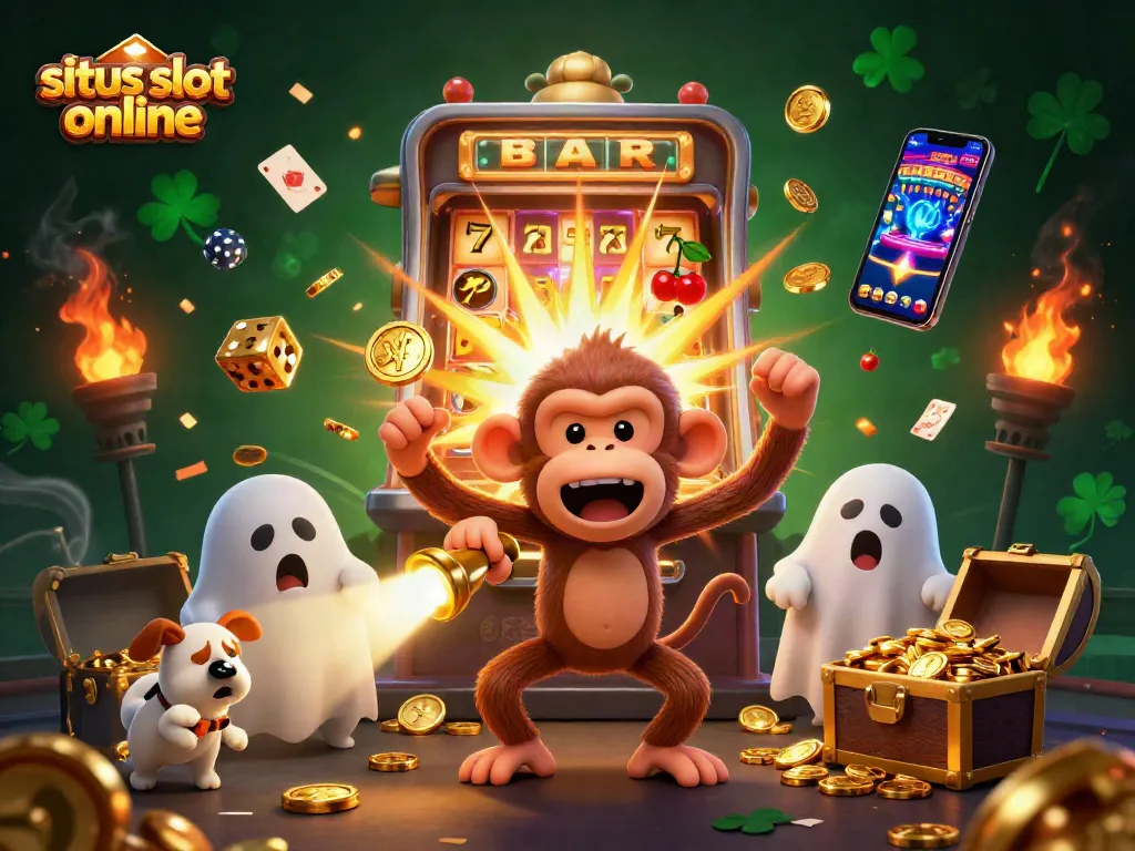 Experience the excitement of situs slot online with a playful poltergeist monkey and a ghost-hunter puppy in a vibrant casino.