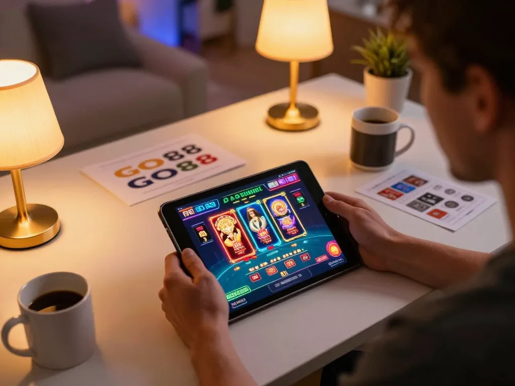 Engaged player exploring GO88 online casino games on tablet in cozy home setup