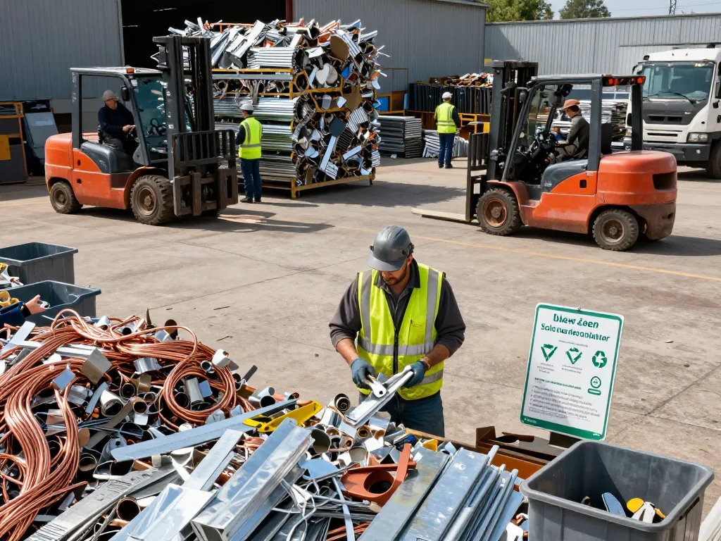 Schrotthändler sortieren Metalle in einem lebendigen Recyclinghof und zeigen Teamarbeit sowie Nachhaltigkeit.