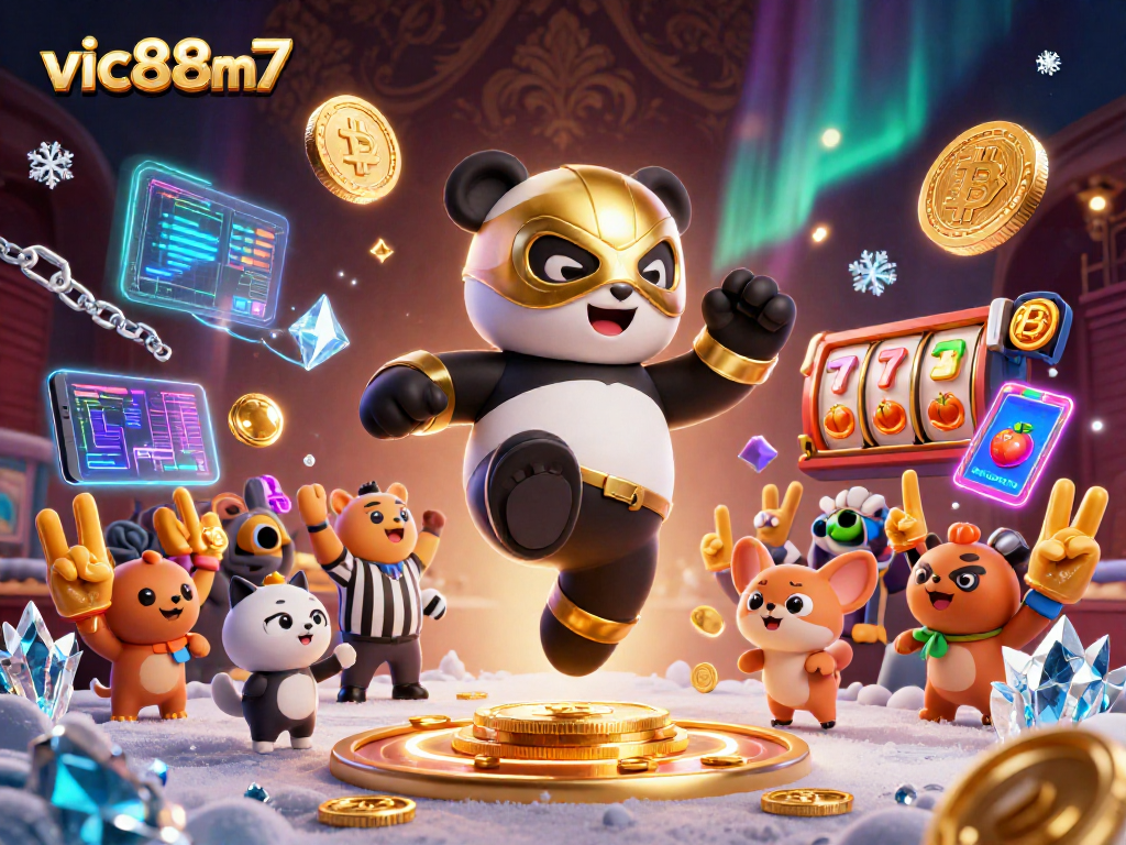 Experience the excitement of vic88m7 with a vibrant 3D casino scene featuring a flying panda wrestler and cheering crowd.