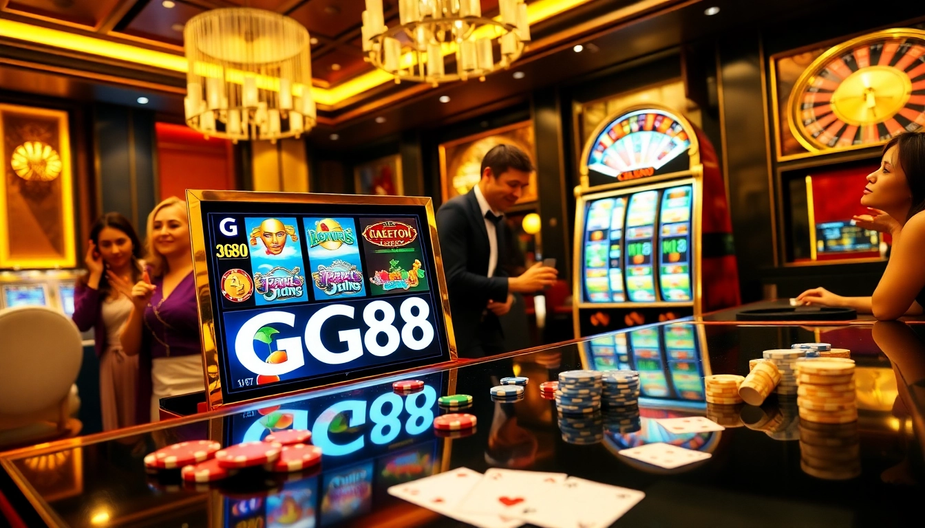 Engaging players at the GG88 slot machine in a luxurious casino setting, surrounded by poker chips and cards.