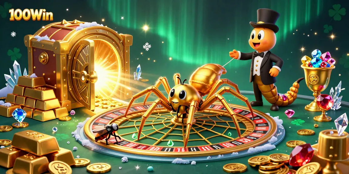 Engage with the thrilling world of 100Win gaming, featuring a golden spider croupier and vibrant casino elements.