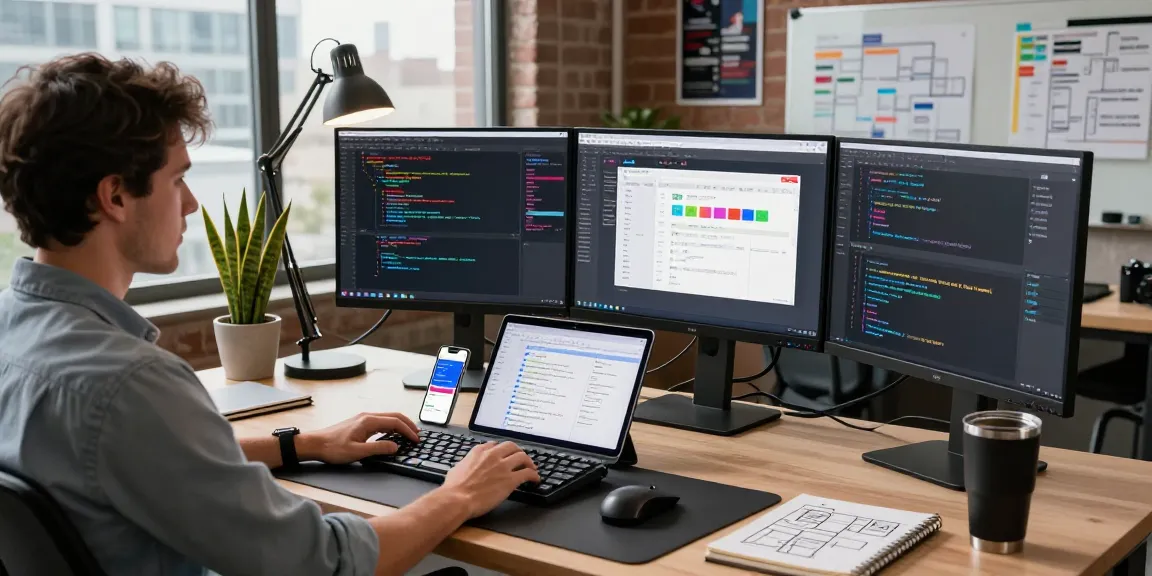 Microsoft RDS User CAL 2025 Preisvergleich in einem modernen Softwareentwicklungsbüro mit einem Entwickler an einem Stehpult und dualen Monitoren.