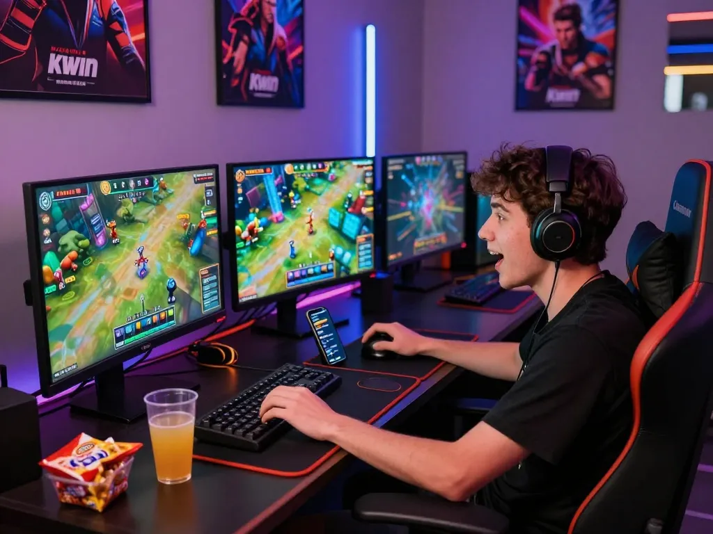 Kwin player engaged in dynamic online gaming session with multiple screens and vibrant game interfaces.
