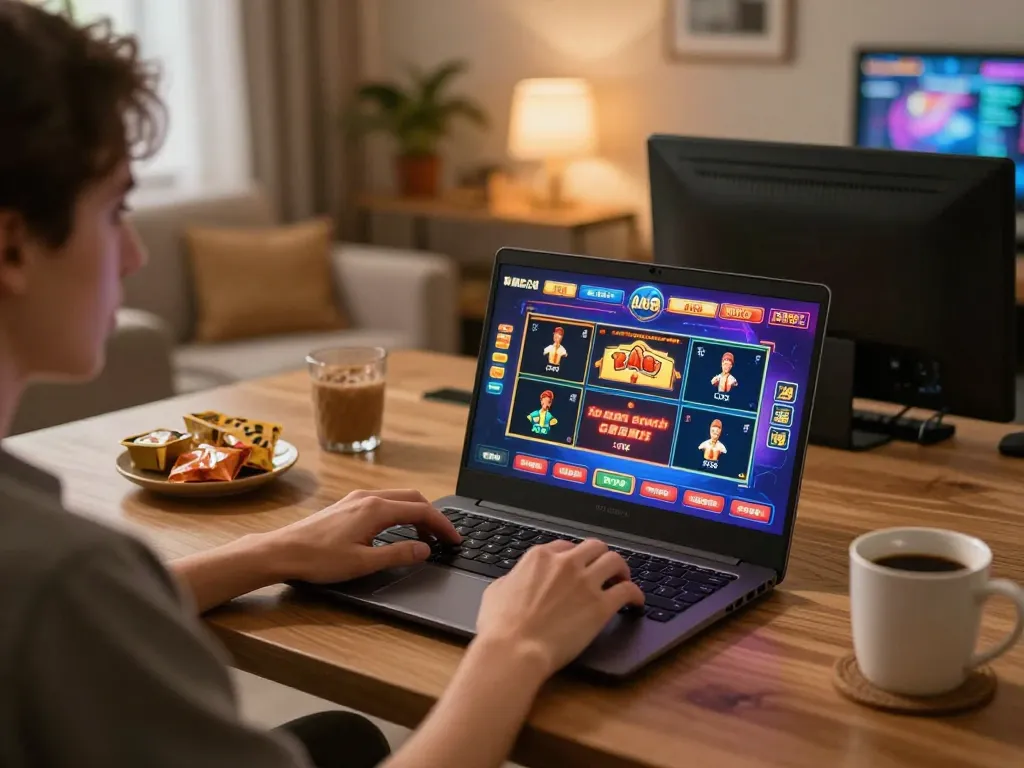 Player enjoying games on alo8 com from a laptop in a cozy home setting with warm lighting