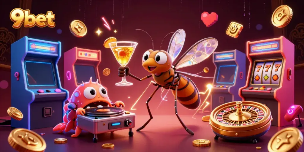 Experience the excitement of 9bet with a vibrant casino-themed illustration featuring gaming elements and characters.
