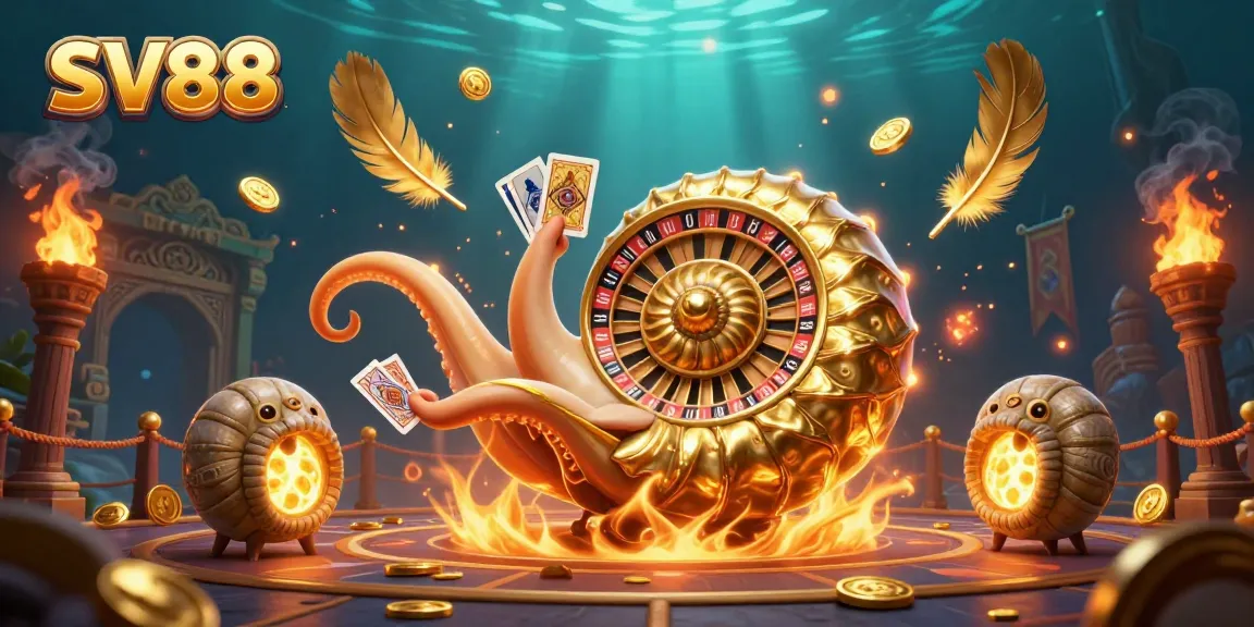 Engage with SV88 as a giant nautilus and ammonite fossils bring cards to life in a vibrant casino scene.