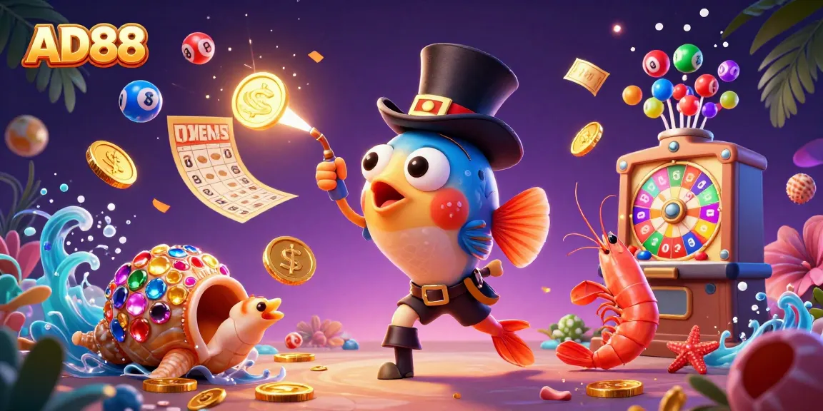 Engaging AD88 casino scene with cartoon characters and vibrant lottery elements for a thrilling gaming experience.