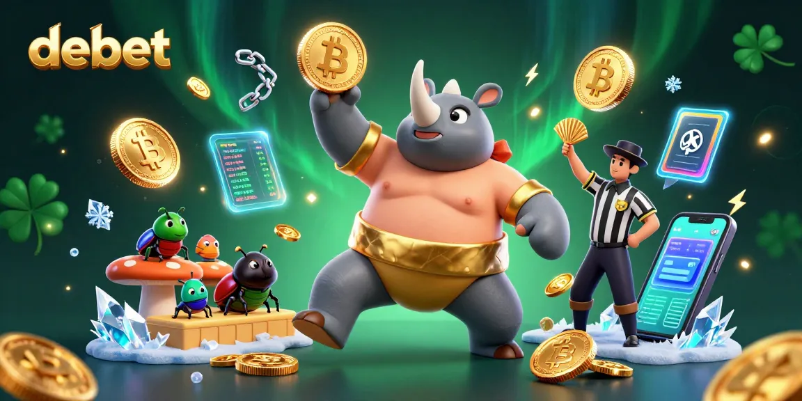 Experience the thrilling action at debet with a sumo beetle champion surrounded by flying cryptocurrencies in a vibrant casino scene.