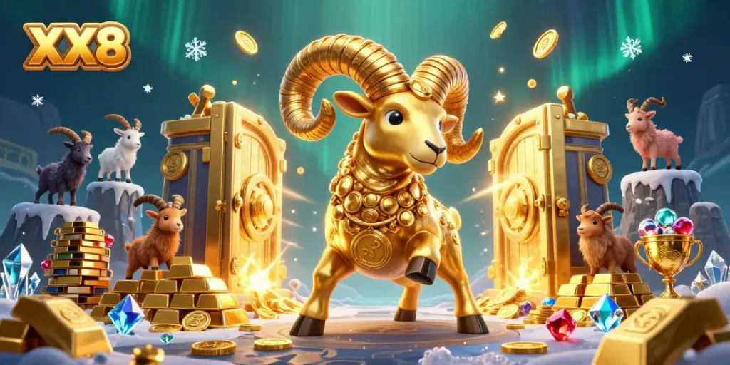 Experience thrilling gameplay at XX8 with golden treasures and dynamic casino elements bursting in celebration.