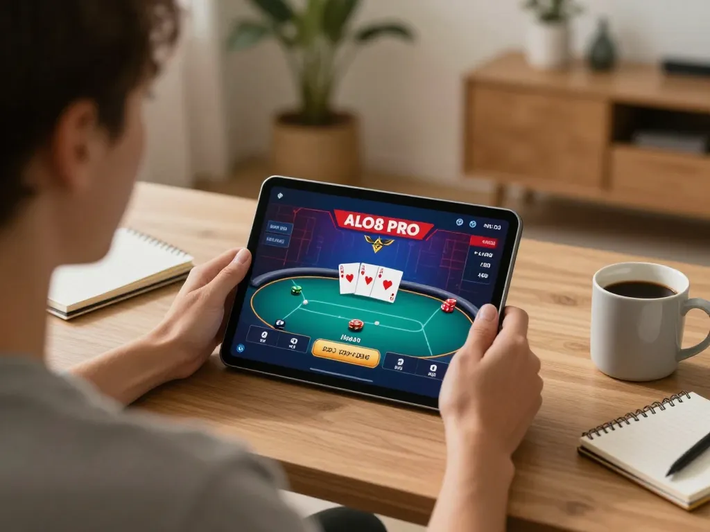 Playing poker with ALO8 PRO interface on tablet in cozy home setting, showcasing responsible gaming.