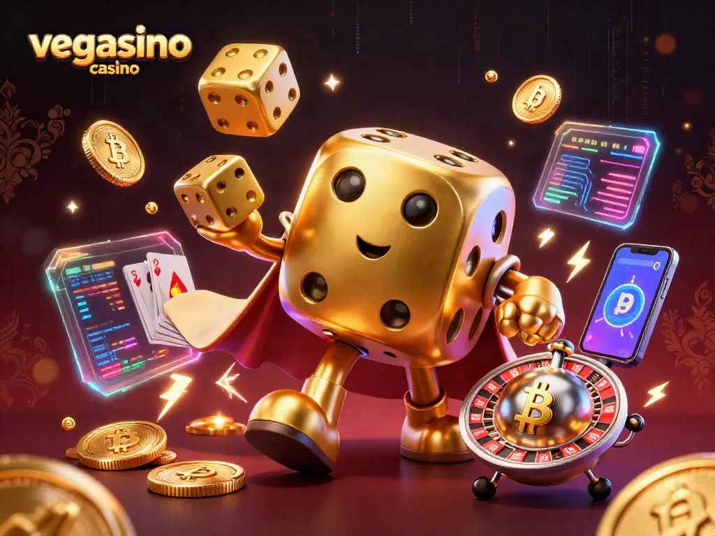Experience the action at Vegasino Casino with a vibrant 3D illustration featuring golden dice and crypto elements.