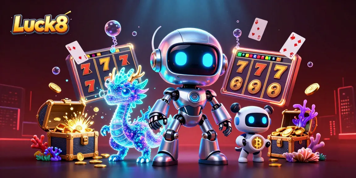 Experience the thrill of Luck8 with vibrant casino elements and a stunning cybernetic scene.