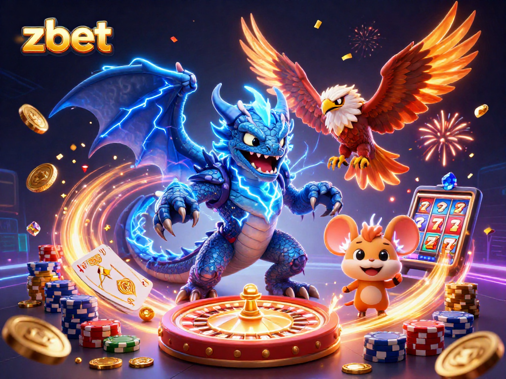 Zbet casino scene with a dynamic thunder dragon, wind hawk, and static thunder mouse amidst vibrant gaming elements.