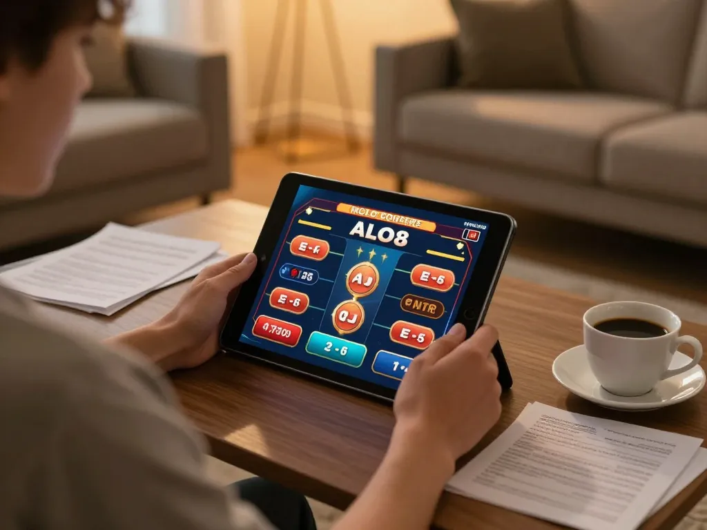 Engaging gameplay scenario showcasing ALO8 PRO casino gaming on a tablet in a cozy home setting.