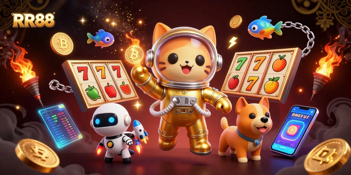 Spin the slots with RR88's thrilling gaming experience featuring vibrant slot reels and cosmic characters!