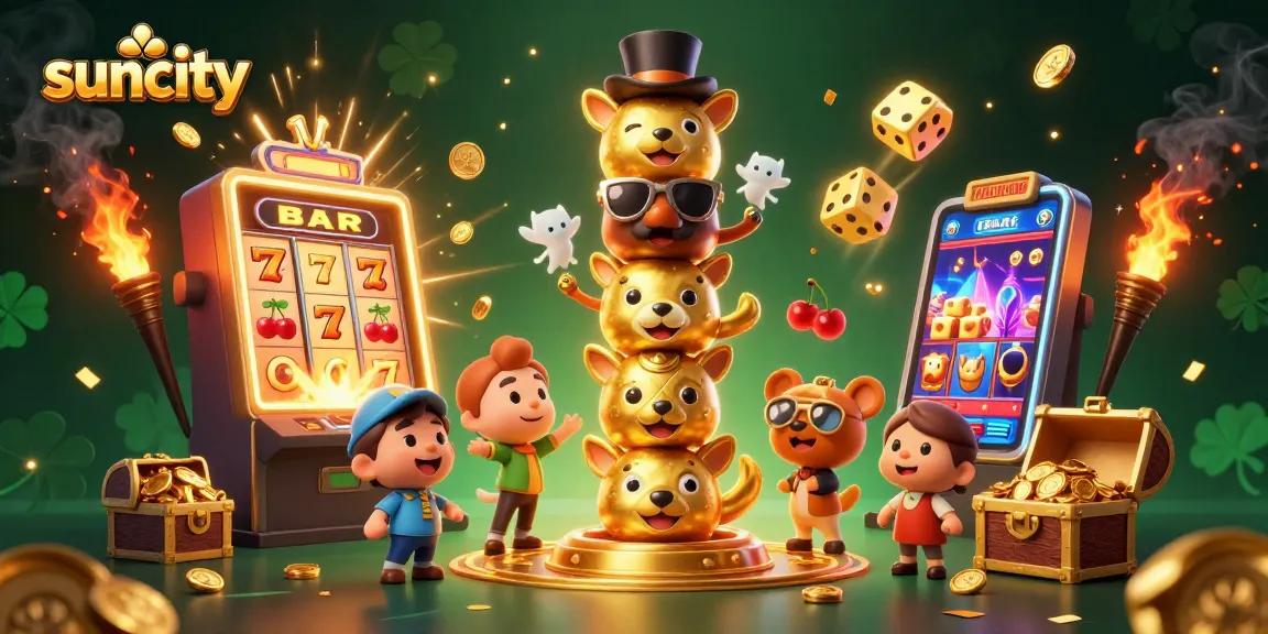 Experience excitement at suncity with dynamic casino elements and winning symbols in a vibrant illustration.