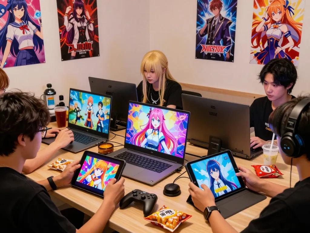 Engaging scene of players enjoying diverse game sex experiences in colorful adult visual novels on various devices in a lively gaming room.