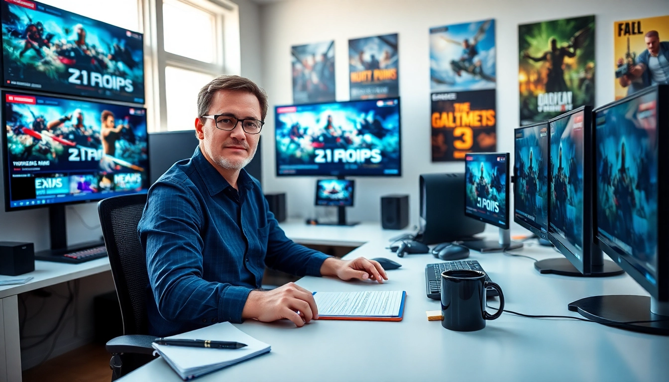 Aktuelle Gaming News Österreich auf mehreren Bildschirmen in einem modernen Büro.