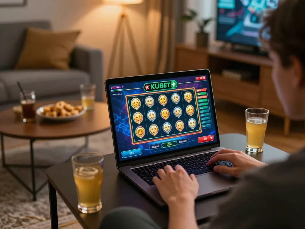 KUBET online gaming experience with a person enjoying slot games at home