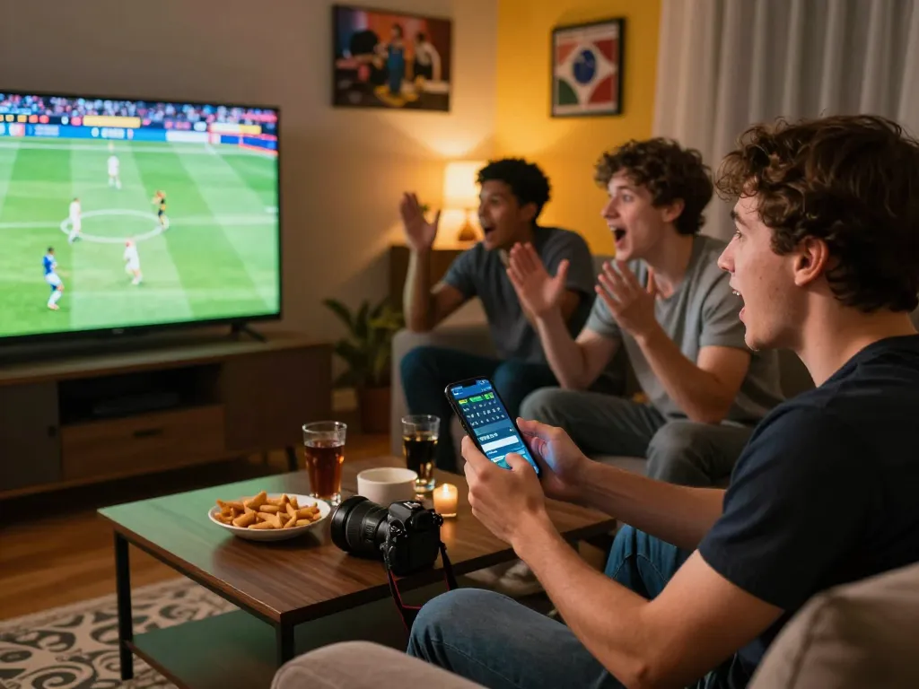 Friends enjoying sports betting on aud77 app while watching live match together.