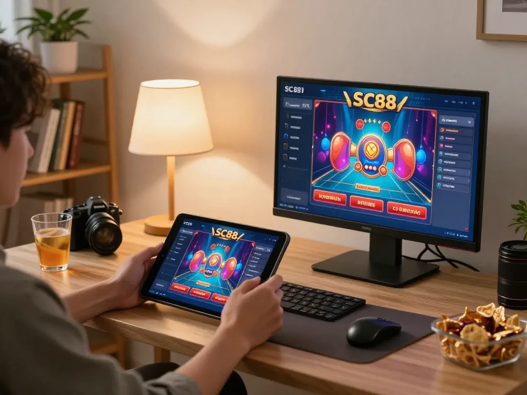 SC88 online gaming scene showcases a player engaged with casino apps on tablet and smartphone in a cozy setting.