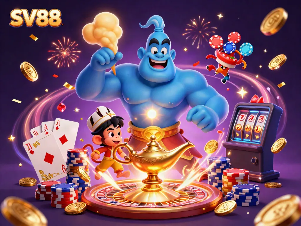 Experience the excitement of SV88 with a dynamic 3D illustration featuring a blue genie, a monkey, and a magic carpet amidst casino elements.