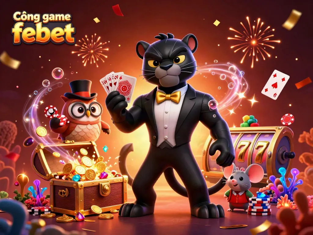 Cổng game febet features a vibrant 3D cartoon scene with a tuxedo-clad panther dealing cards and an owl holding poker chips.