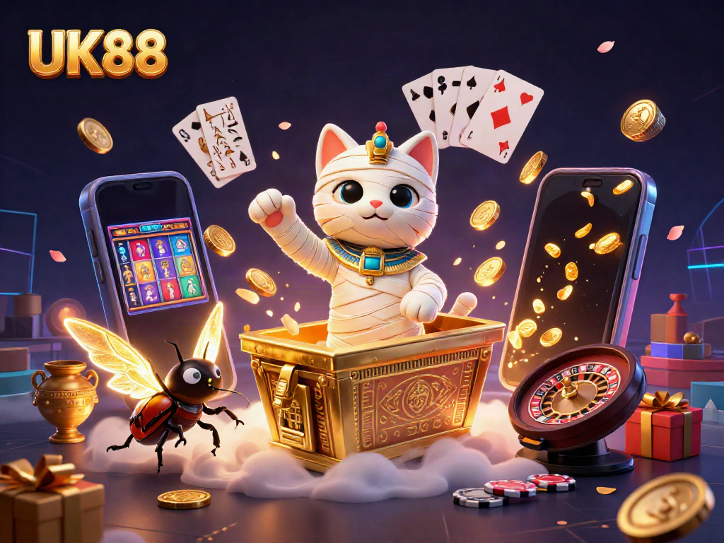 Experience thrilling adventure with UK88 as the cartoon mummy cat and scarab beetle discover casino treasures.