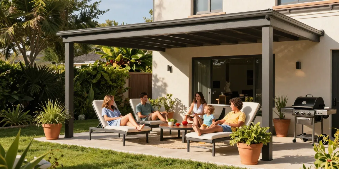 Terrassenüberdachung freistehend mit Familie beim Entspannen im Garten.