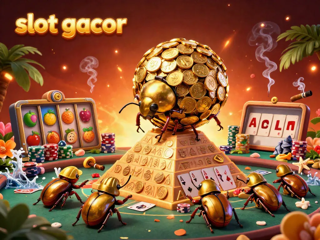 Experience big wins with slot gacor in this vibrant 3D scene of a golden beetle rolling coin jackpots.