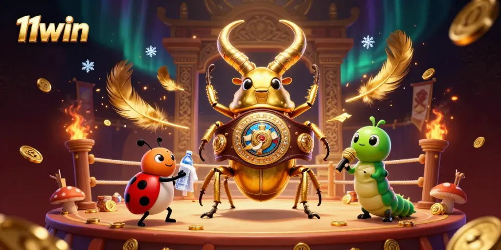 11win showcases a vibrant 3D digital casino scene featuring a golden stag beetle and ladybug amidst swirling gold coins.