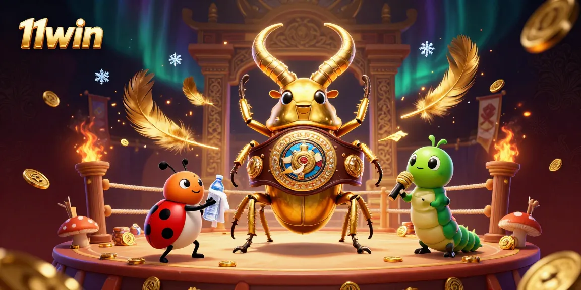 11win showcases a vibrant 3D digital casino scene featuring a golden stag beetle and ladybug amidst swirling gold coins.