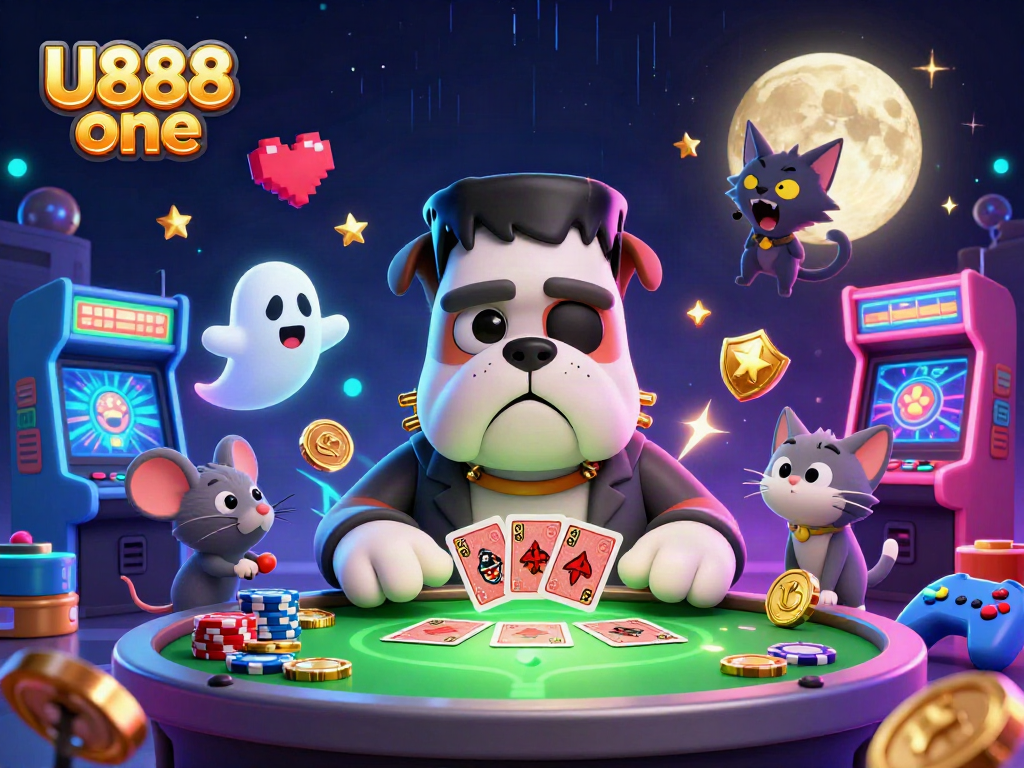 Experience thrilling gameplay with U888 one featuring Frankenstein bulldog monster dealing cards amidst casino excitement.