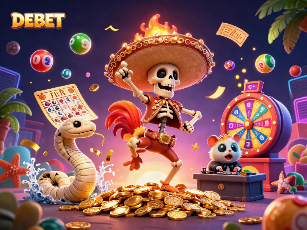 Engage in thrilling gameplay with DEBET, featuring colorful lottery elements and festive characters.