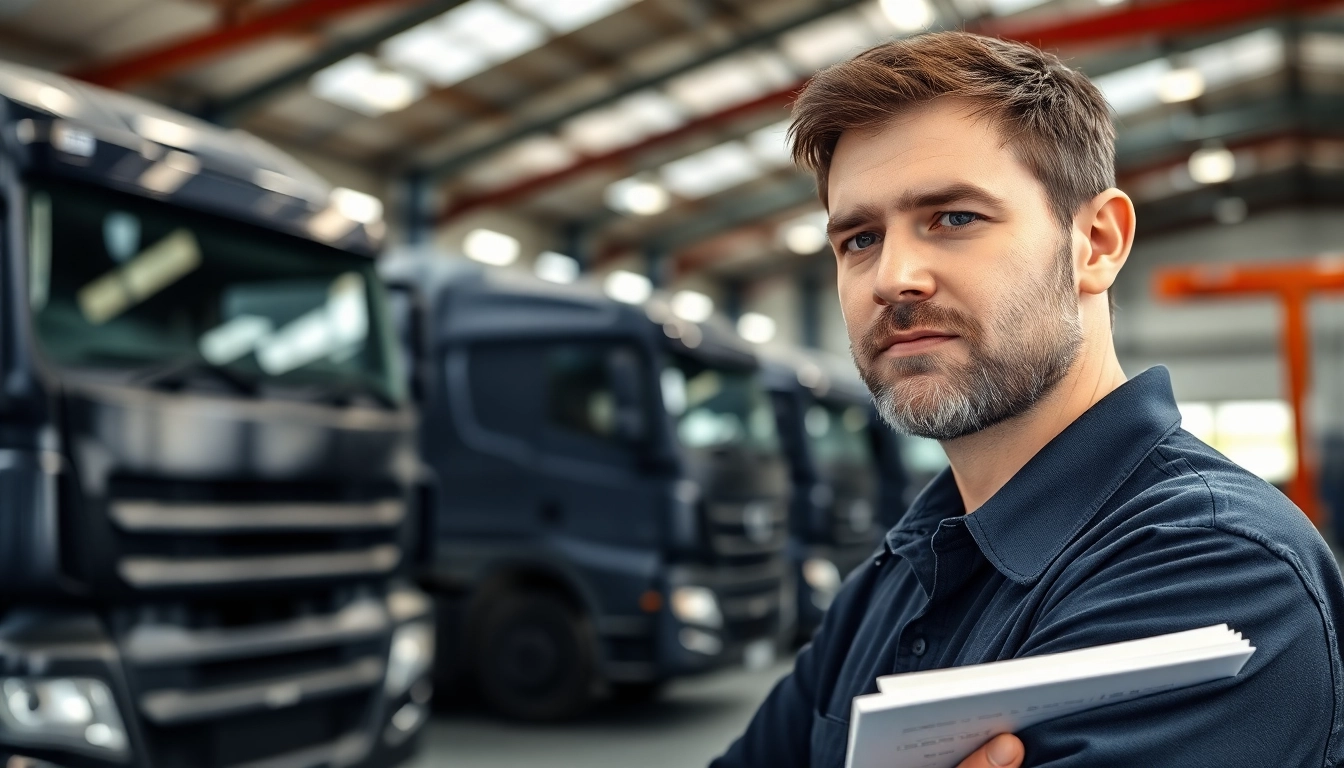 Lkw Gutachter Augsburg bei der Fahrzeugbewertung in einer modernen Werkstatt umgeben von Fahrzeugen.