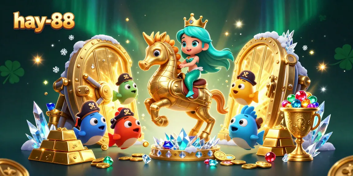 Experience the thrilling adventure with hay-88 as the mermaid princess rides her armored seahorse amidst treasures.