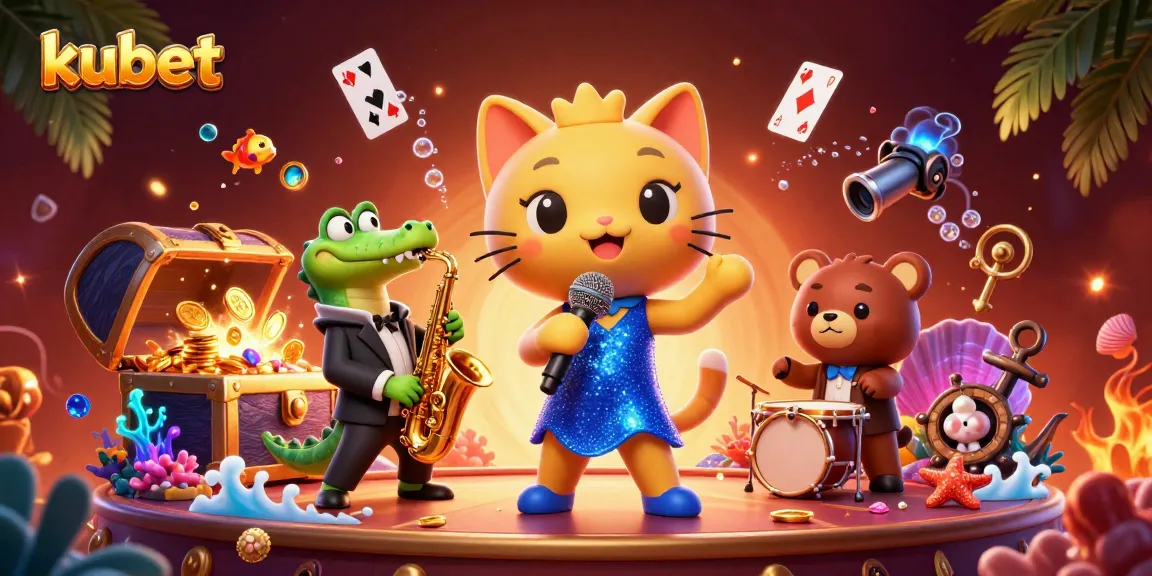 Kubet cat performer entertaining guests in vibrant 3D casino scene with treasure and gaming elements.